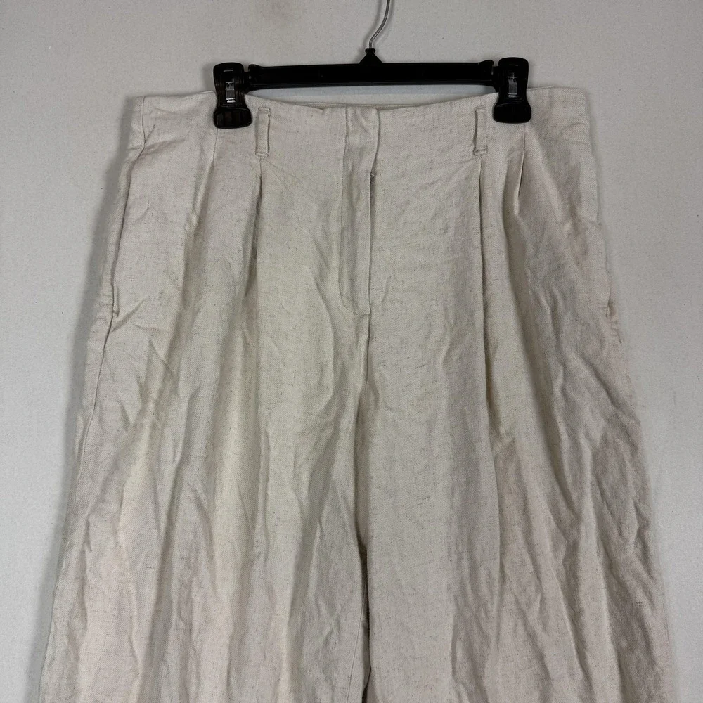 H&M Pants Womens 12 White Linen Blend Pleated Wide Leg Dress Twill Pockets
